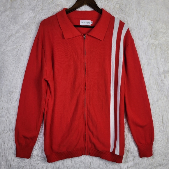 XL Oxknit Store Red Full Zip Stripe Sweater Retro Preppy Retro Lightweight - Picture 1 of 6